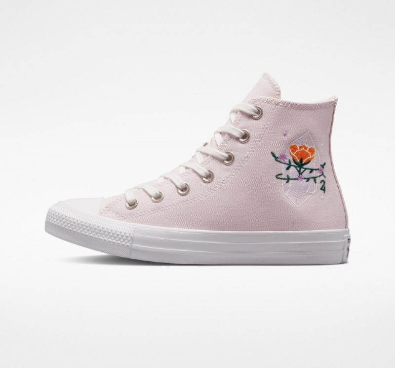 High Top Converse Chuck Taylor All Star Embroidered Crystals Damske Ruzove Biele | 643SMPHOC
