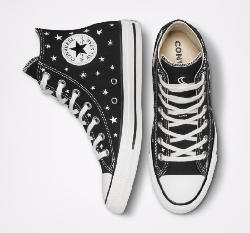 High Top Converse Chuck Taylor All Star Embroidered Stars Damske Čierne Biele | 718RINMDL