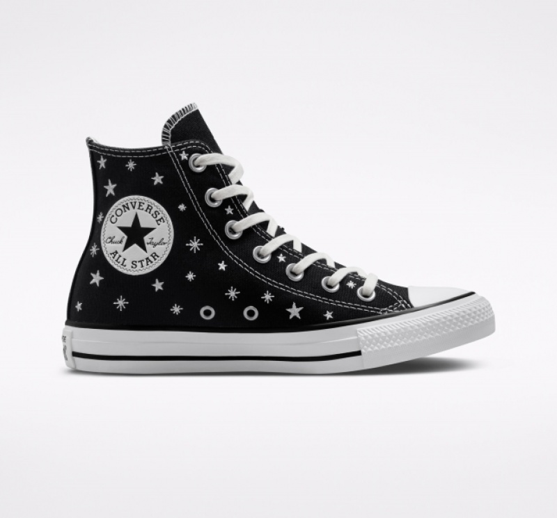 High Top Converse Chuck Taylor All Star Embroidered Stars Damske Čierne Biele | 718RINMDL